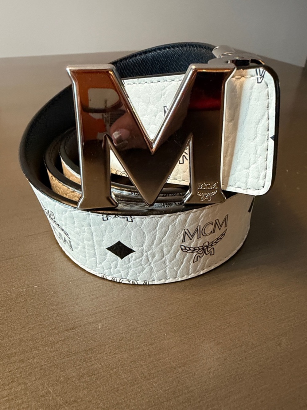 MCM White Logo Belt with Silver M Buckle